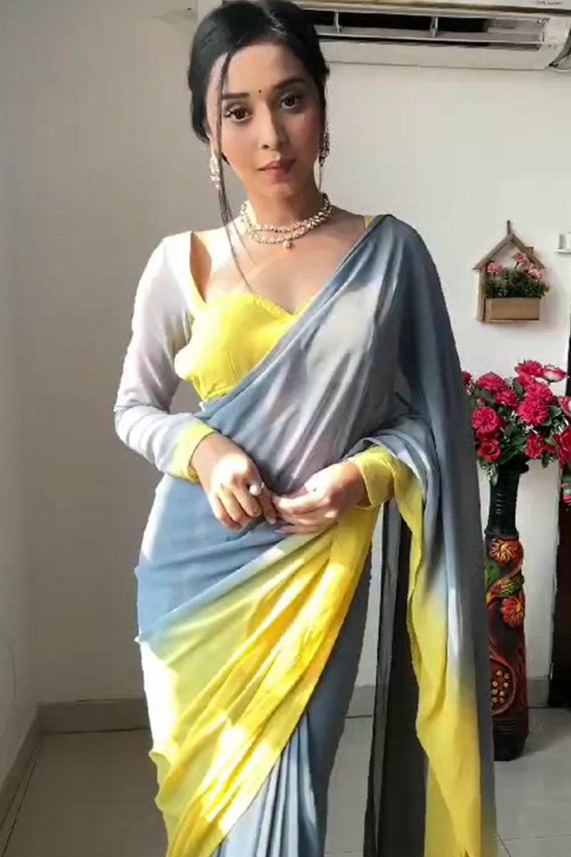 Fantabulous 1 Minute Ready To Wear Yellow And Grey Georgette Saree