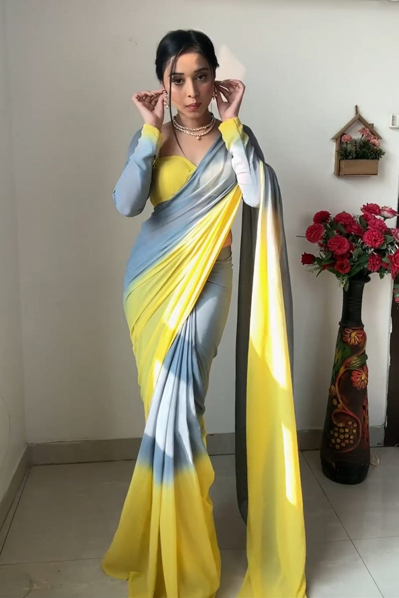 Fantabulous 1 Minute Ready To Wear Yellow And Grey Georgette Saree