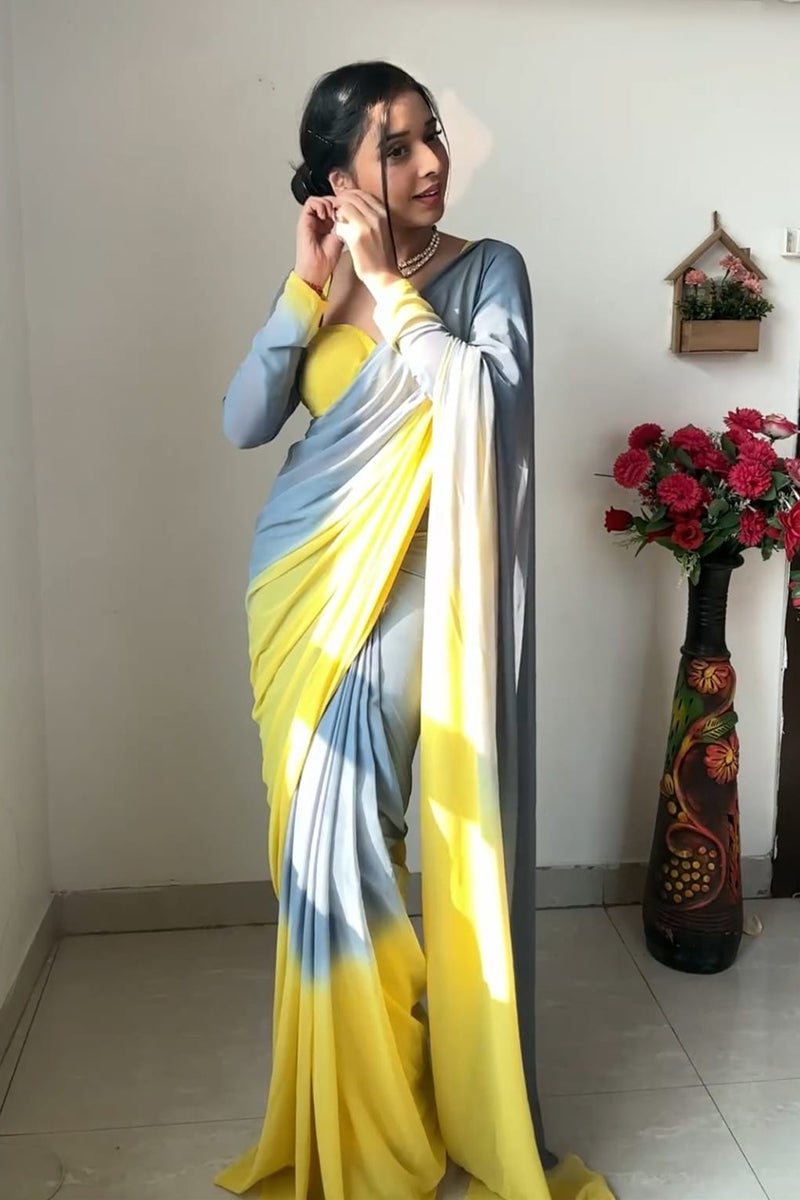 Fantabulous 1 Minute Ready To Wear Yellow And Grey Georgette Saree