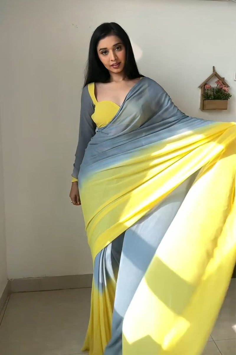 Fantabulous 1 Minute Ready To Wear Yellow And Grey Georgette Saree