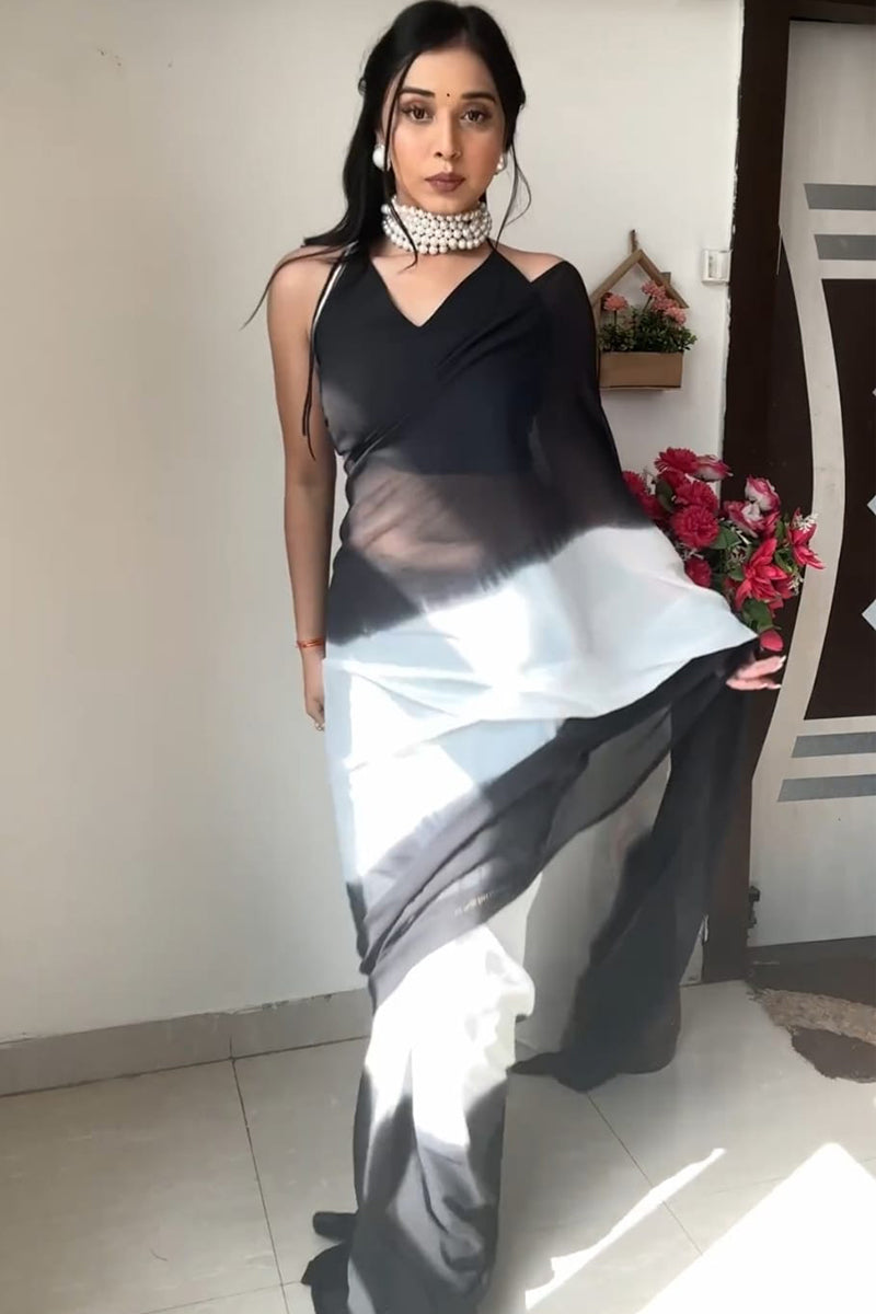 Glittering 1 Minute Ready To Wear Black And White Georgette Saree