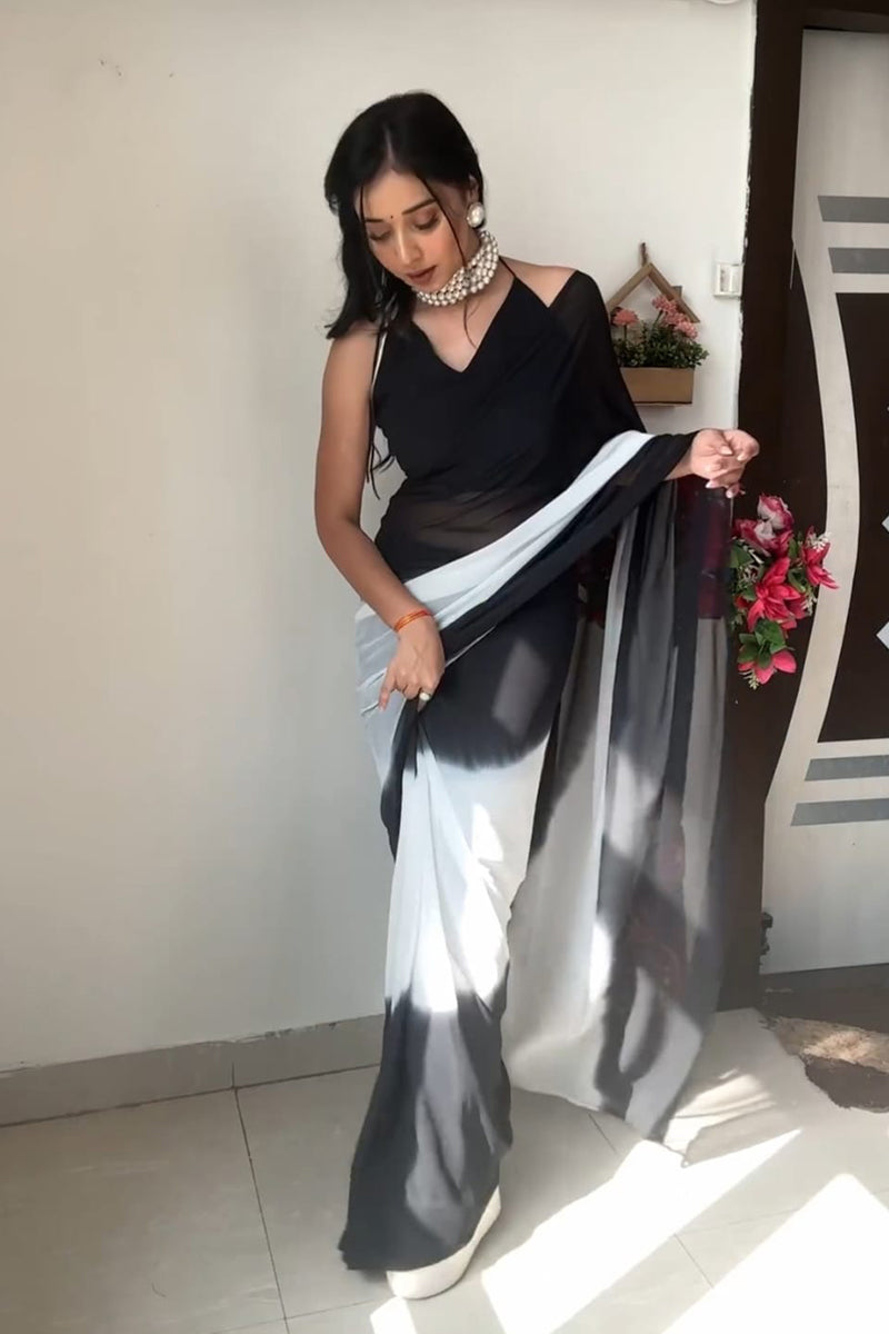 Glittering 1 Minute Ready To Wear Black And White Georgette Saree