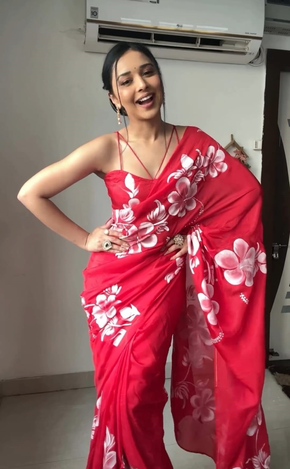 Lissome 1 Minute Ready To Wear Red Georgette Floral Digital Printed Saree