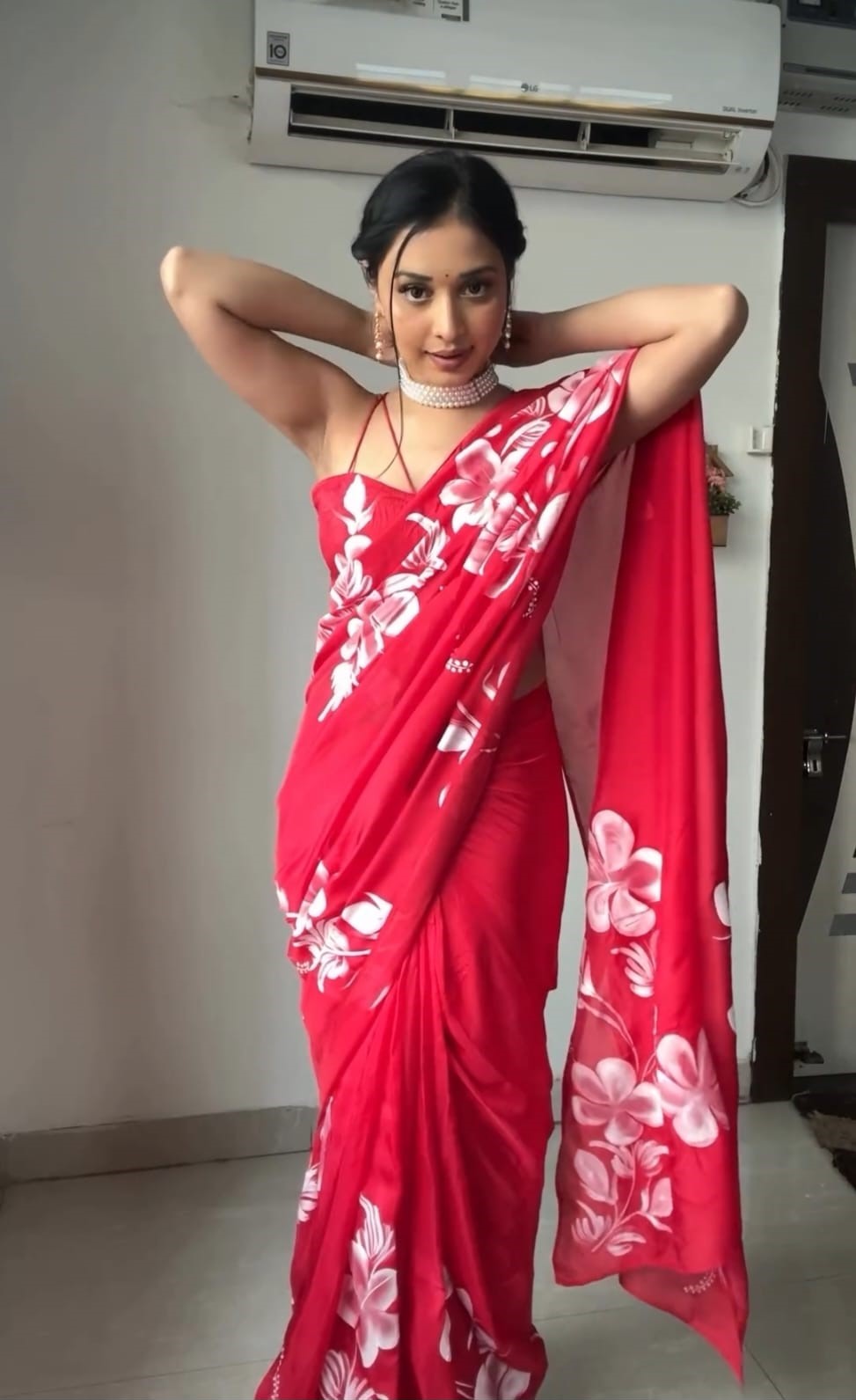 Lissome 1 Minute Ready To Wear Red Georgette Floral Digital Printed Saree