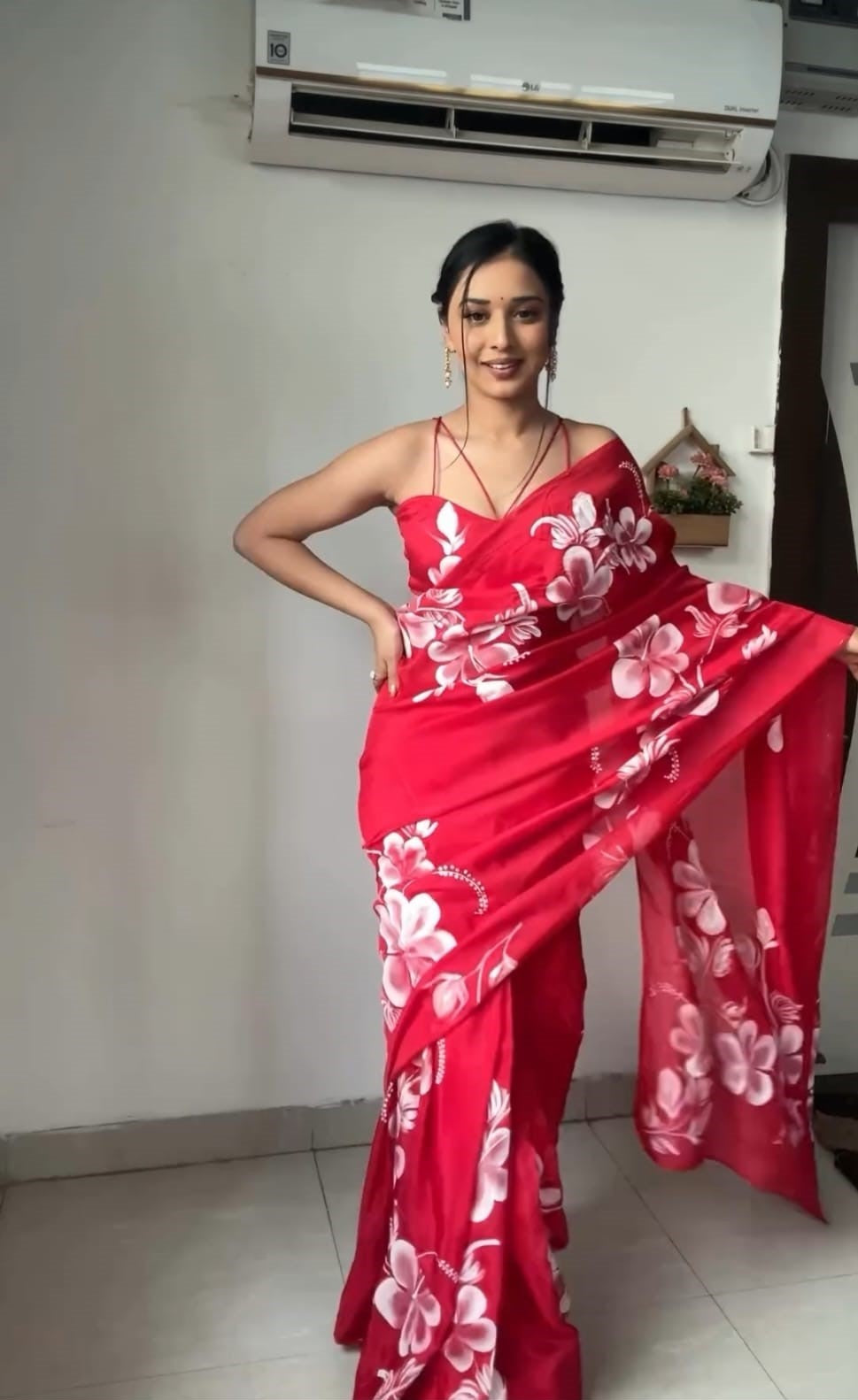 Lissome 1 Minute Ready To Wear Red Georgette Floral Digital Printed Saree