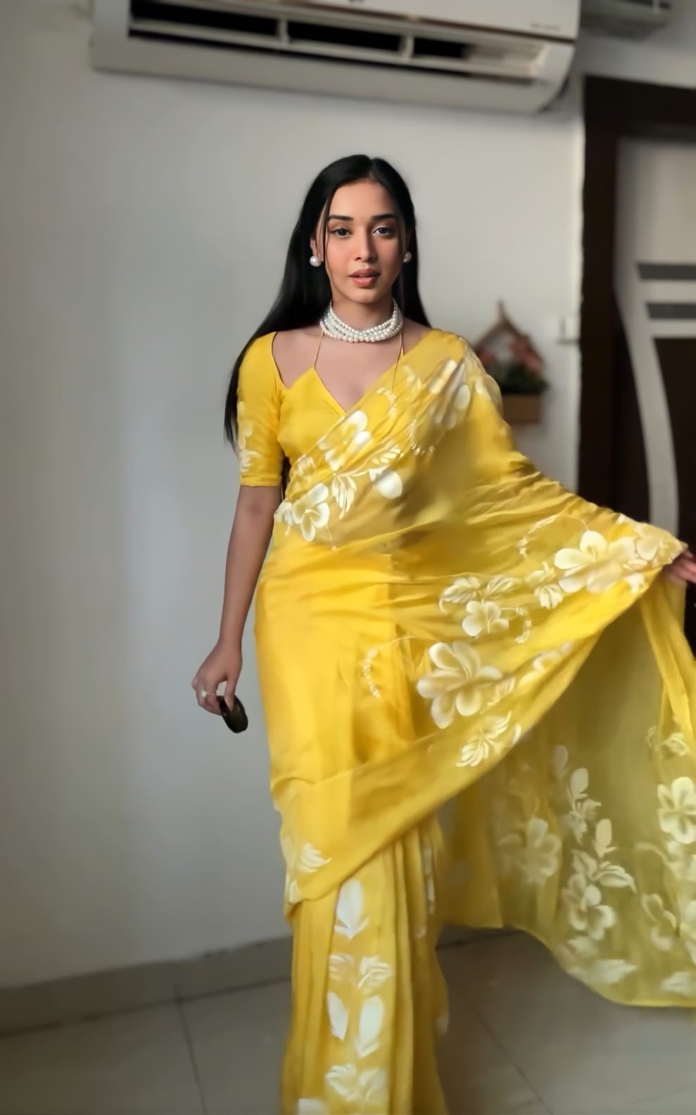 Majesty 1 Minute Ready To Wear Yellow Georgette Floral Digital Printed Saree
