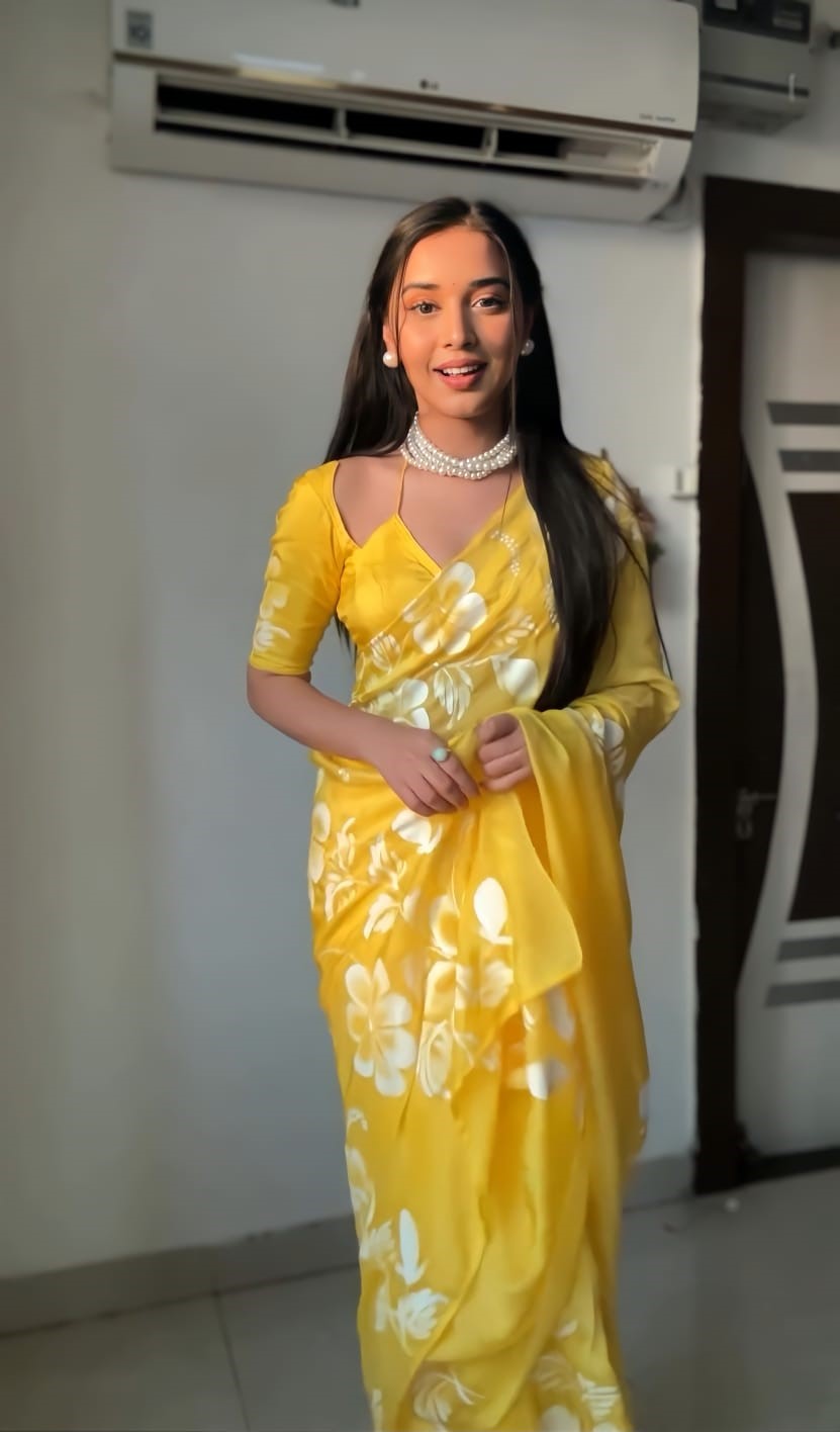 Majesty 1 Minute Ready To Wear Yellow Georgette Floral Digital Printed Saree