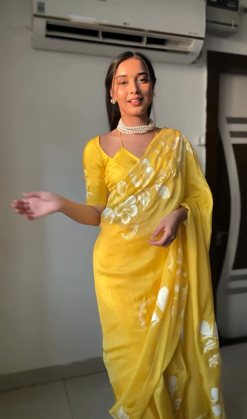 Majesty 1 Minute Ready To Wear Yellow Georgette Floral Digital Printed Saree