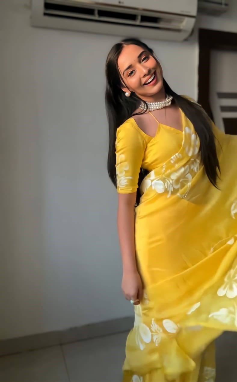 Majesty 1 Minute Ready To Wear Yellow Georgette Floral Digital Printed Saree