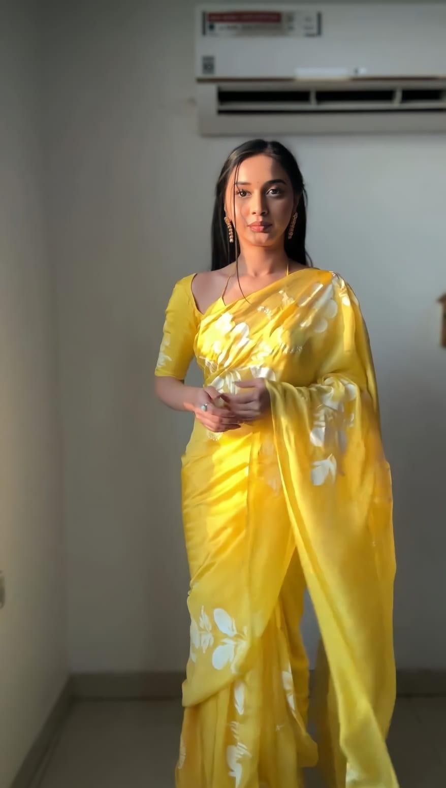 Majesty 1 Minute Ready To Wear Yellow Georgette Floral Digital Printed Saree