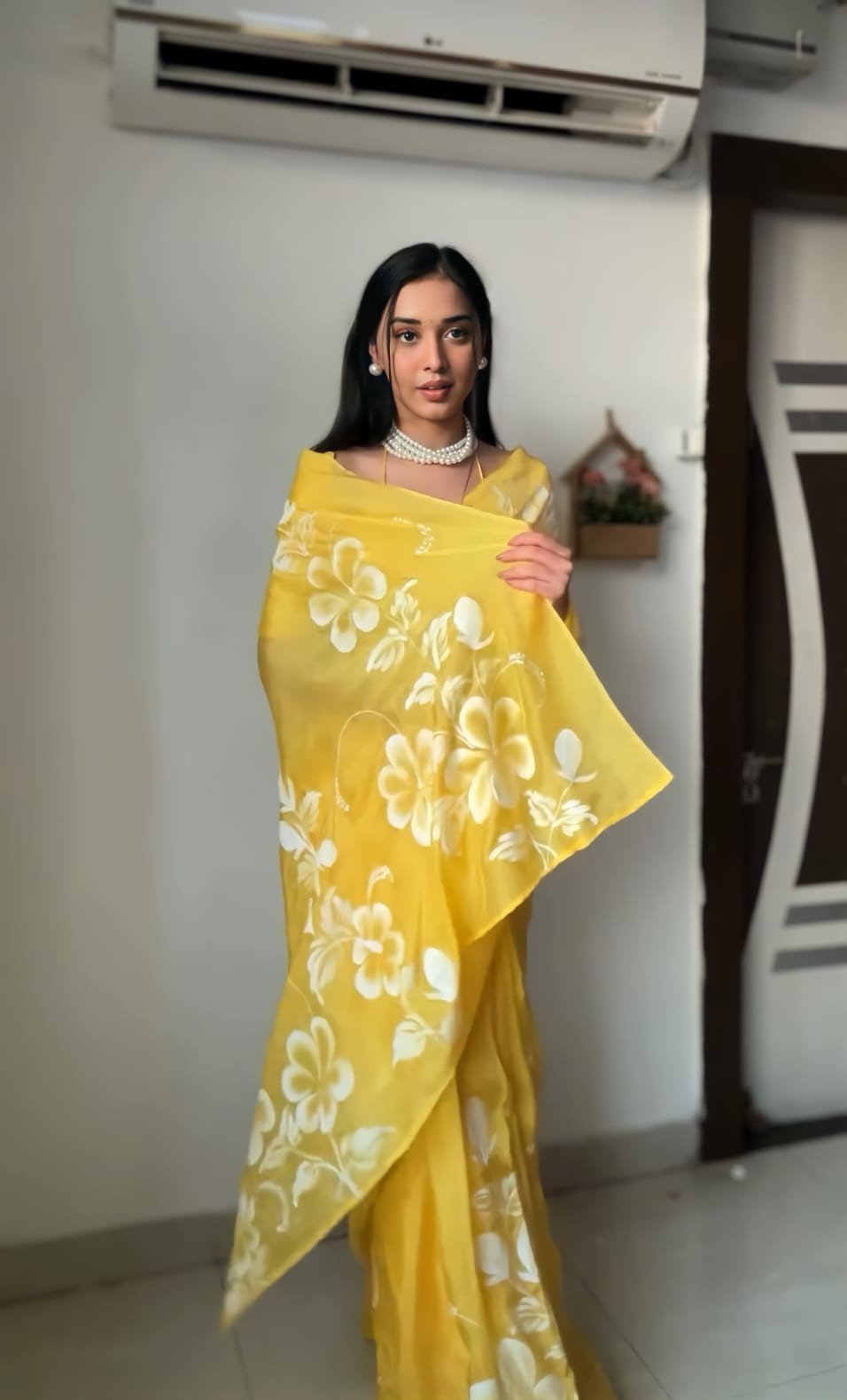 Majesty 1 Minute Ready To Wear Yellow Georgette Floral Digital Printed Saree