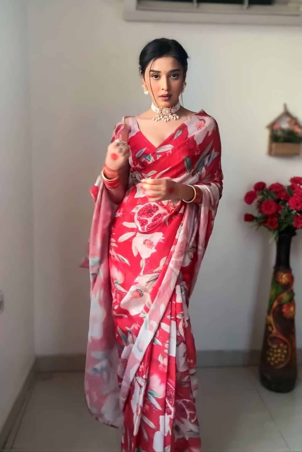Petrichor 1 Minute Ready To Wear Red Georgette Digital Printed Saree