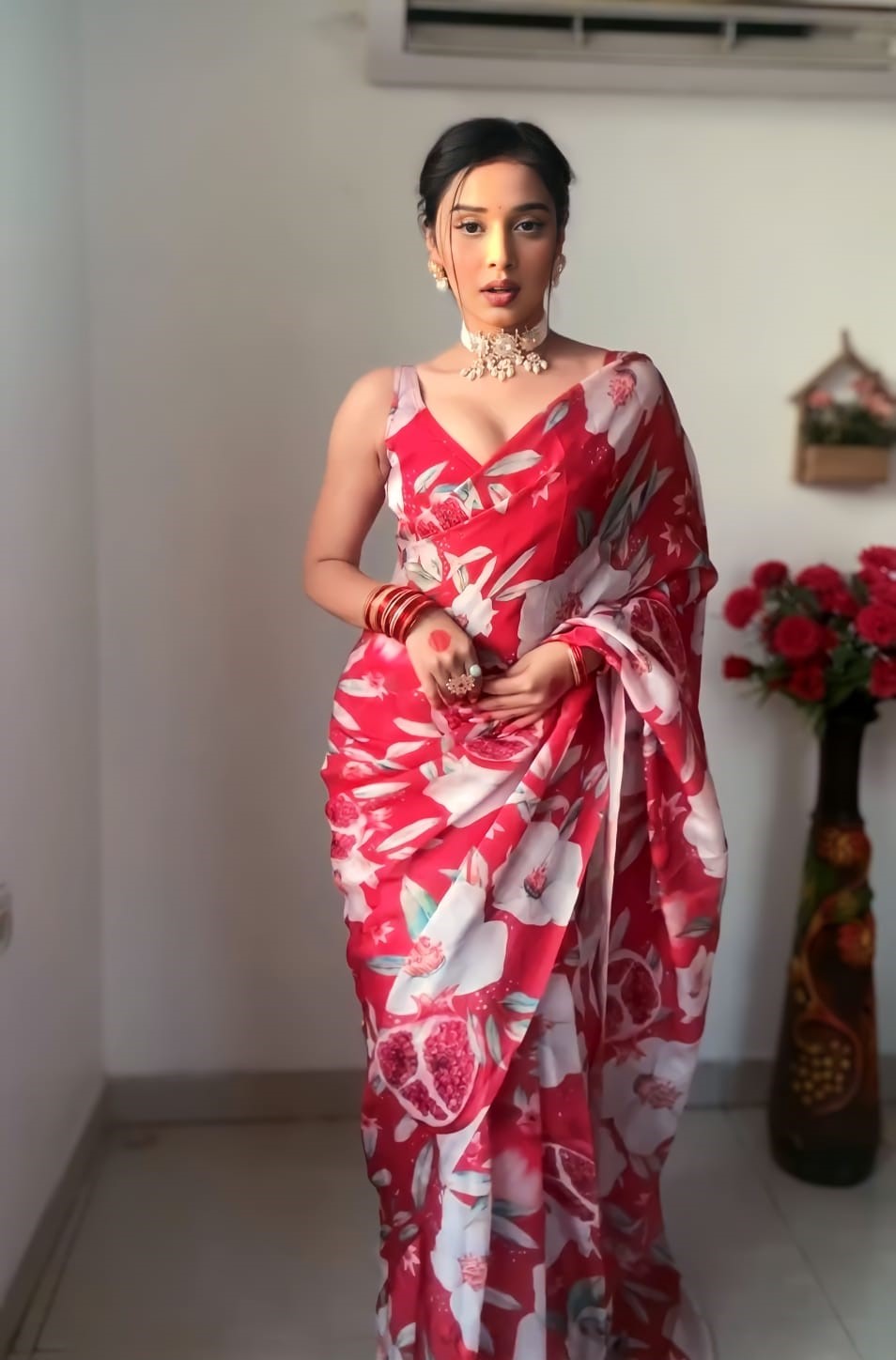 Petrichor 1 Minute Ready To Wear Red Georgette Digital Printed Saree