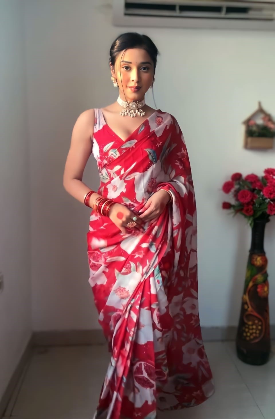 Petrichor 1 Minute Ready To Wear Red Georgette Digital Printed Saree
