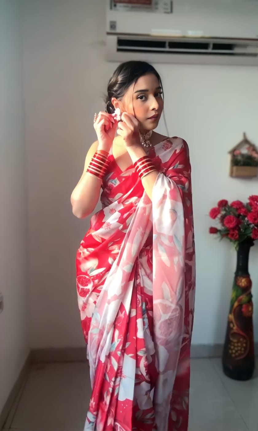 Petrichor 1 Minute Ready To Wear Red Georgette Digital Printed Saree