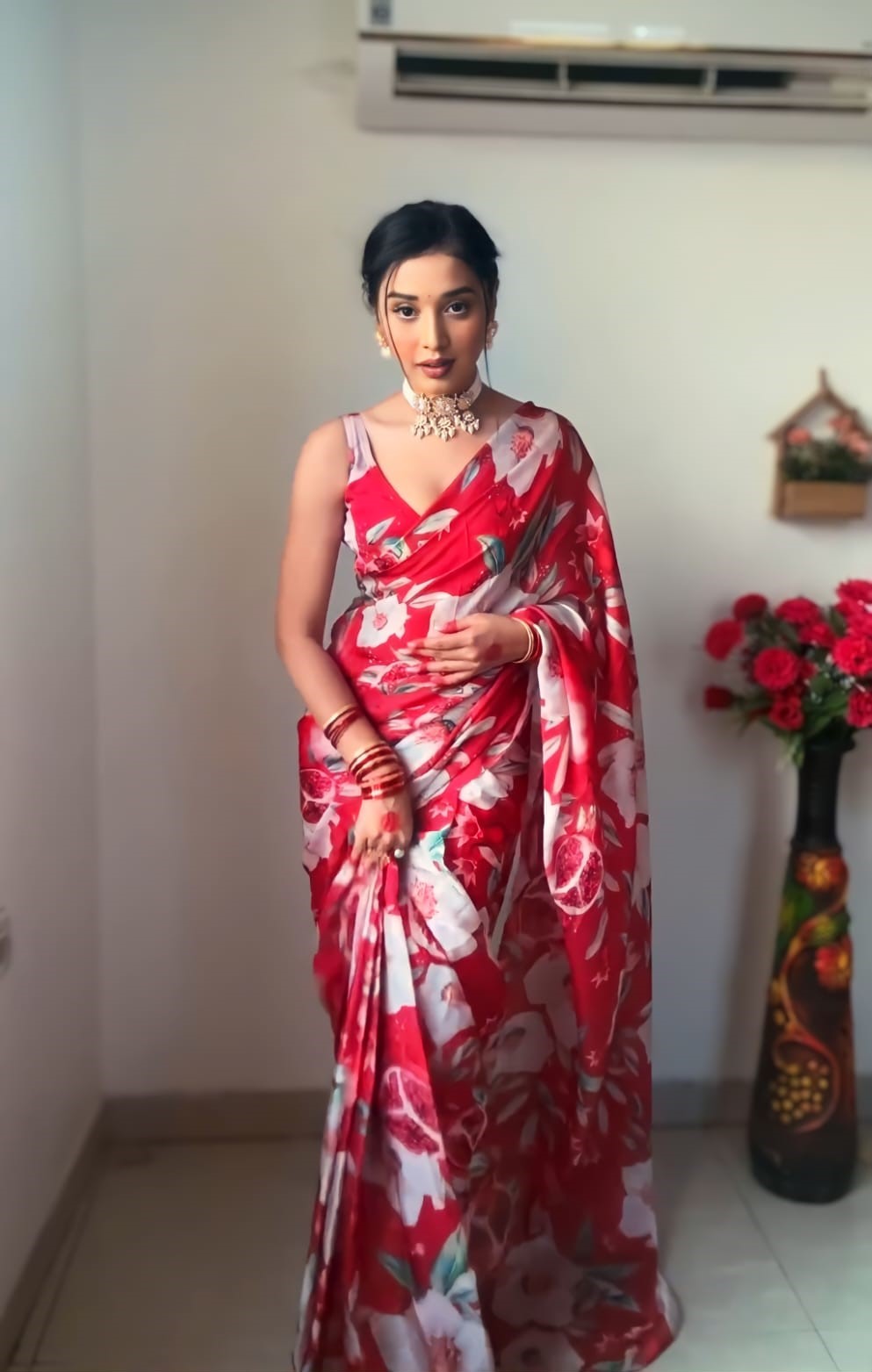 Petrichor 1 Minute Ready To Wear Red Georgette Digital Printed Saree