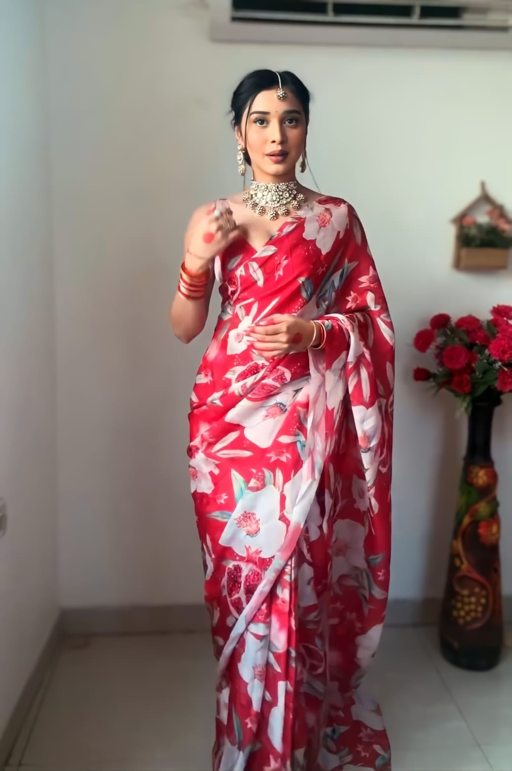 Petrichor 1 Minute Ready To Wear Red Georgette Digital Printed Saree