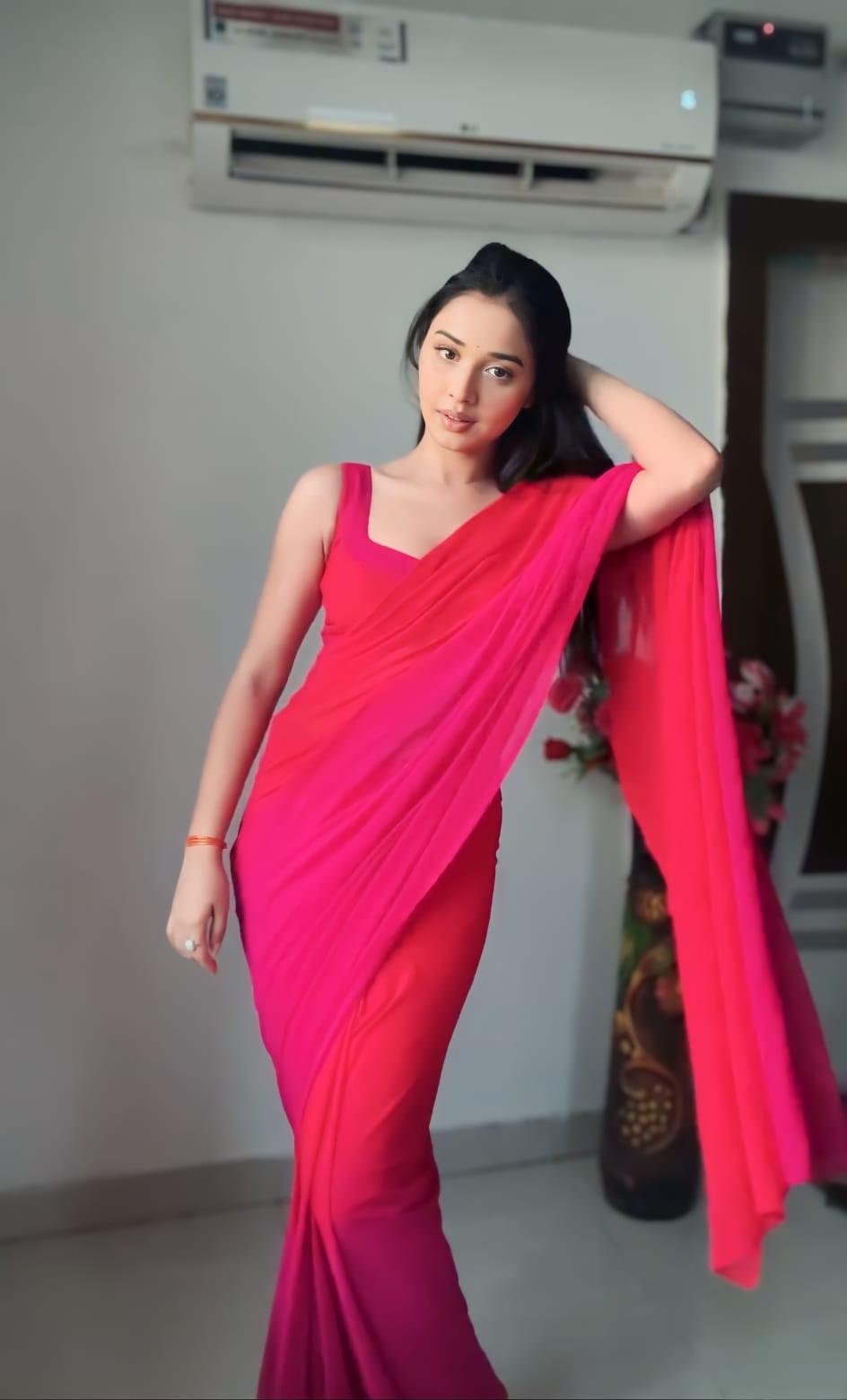 Ravishing 1 Minute Ready To Wear Red And Pink Georgette Saree