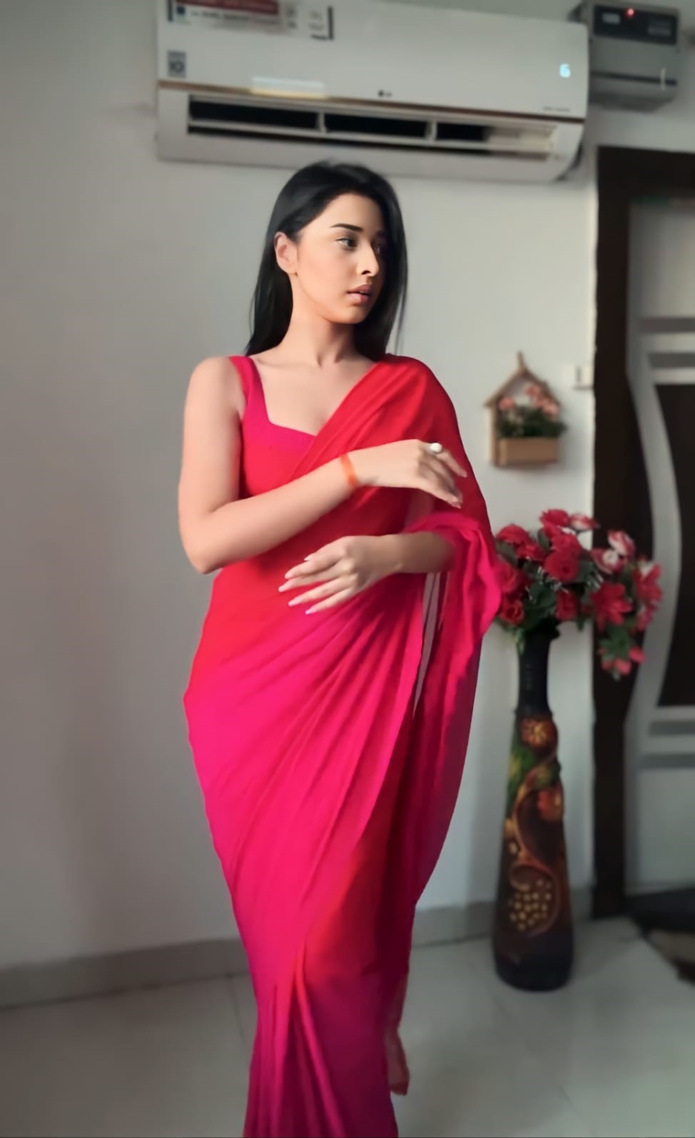 Ravishing 1 Minute Ready To Wear Red And Pink Georgette Saree