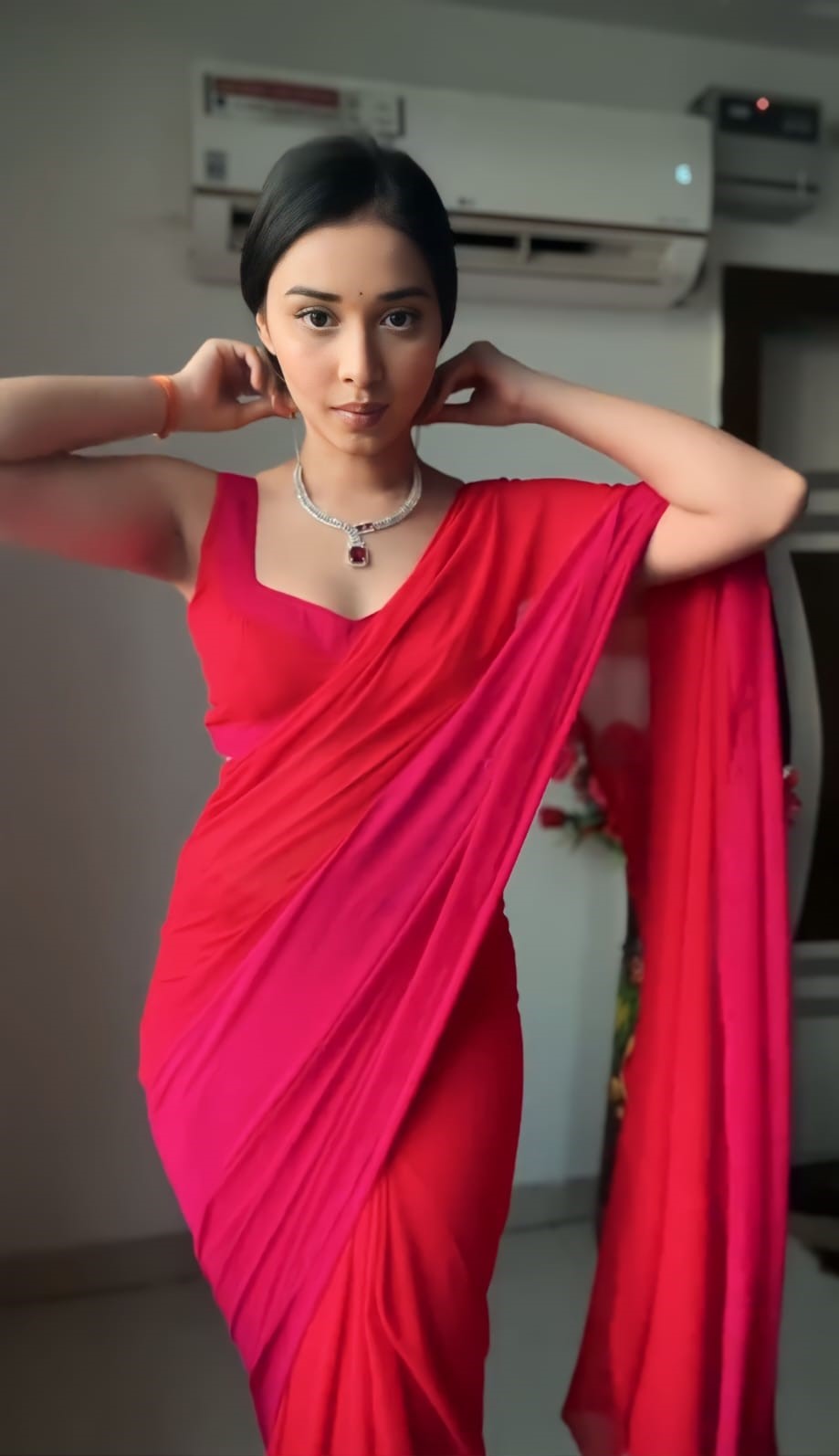 Ravishing 1 Minute Ready To Wear Red And Pink Georgette Saree