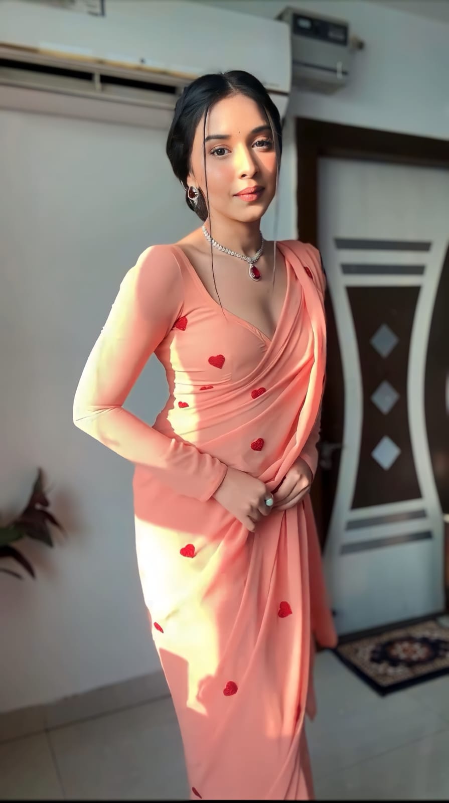 Transcendent 1 Minute Ready To Wear Peach Georgette Chain Work Saree