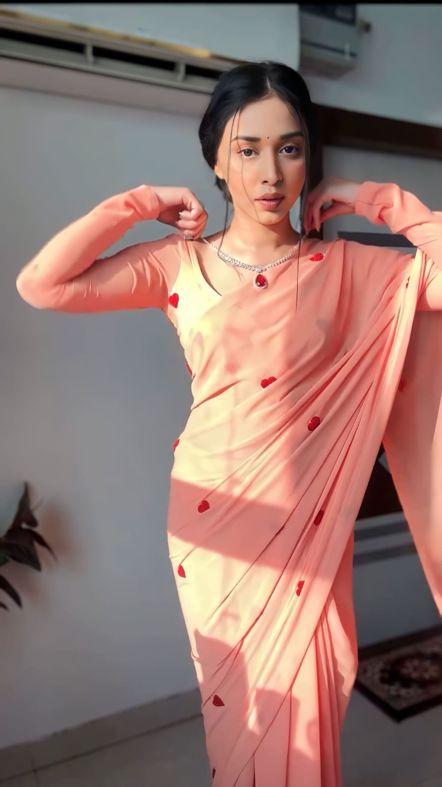 Transcendent 1 Minute Ready To Wear Peach Georgette Chain Work Saree