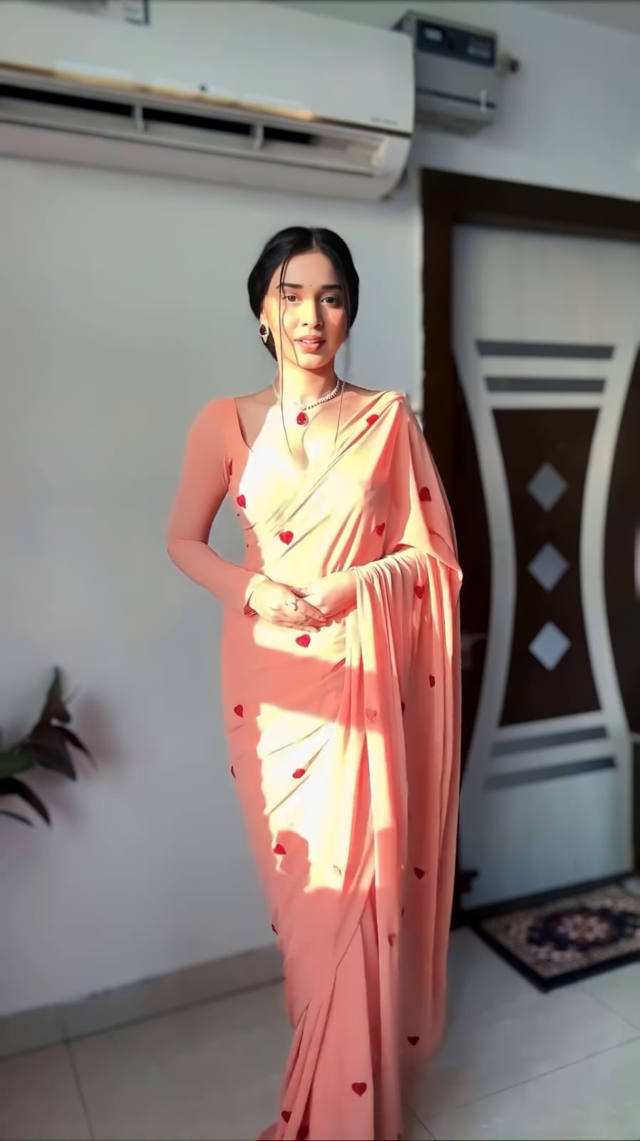 Transcendent 1 Minute Ready To Wear Peach Georgette Chain Work Saree