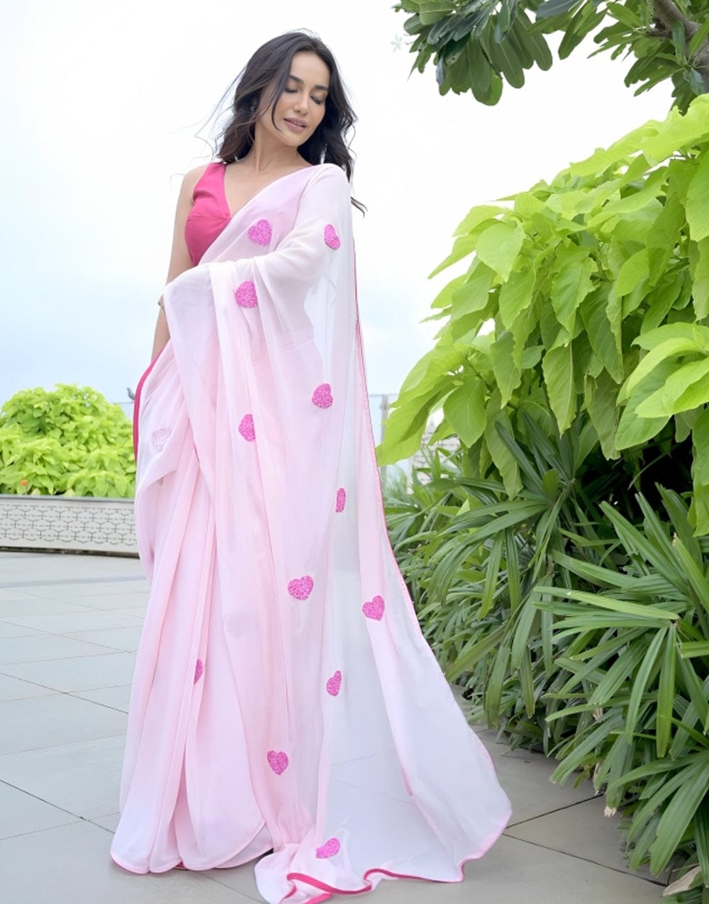 Chatoyant 1 Minute Ready To Wear Pink Georgette Chain Work Saree
