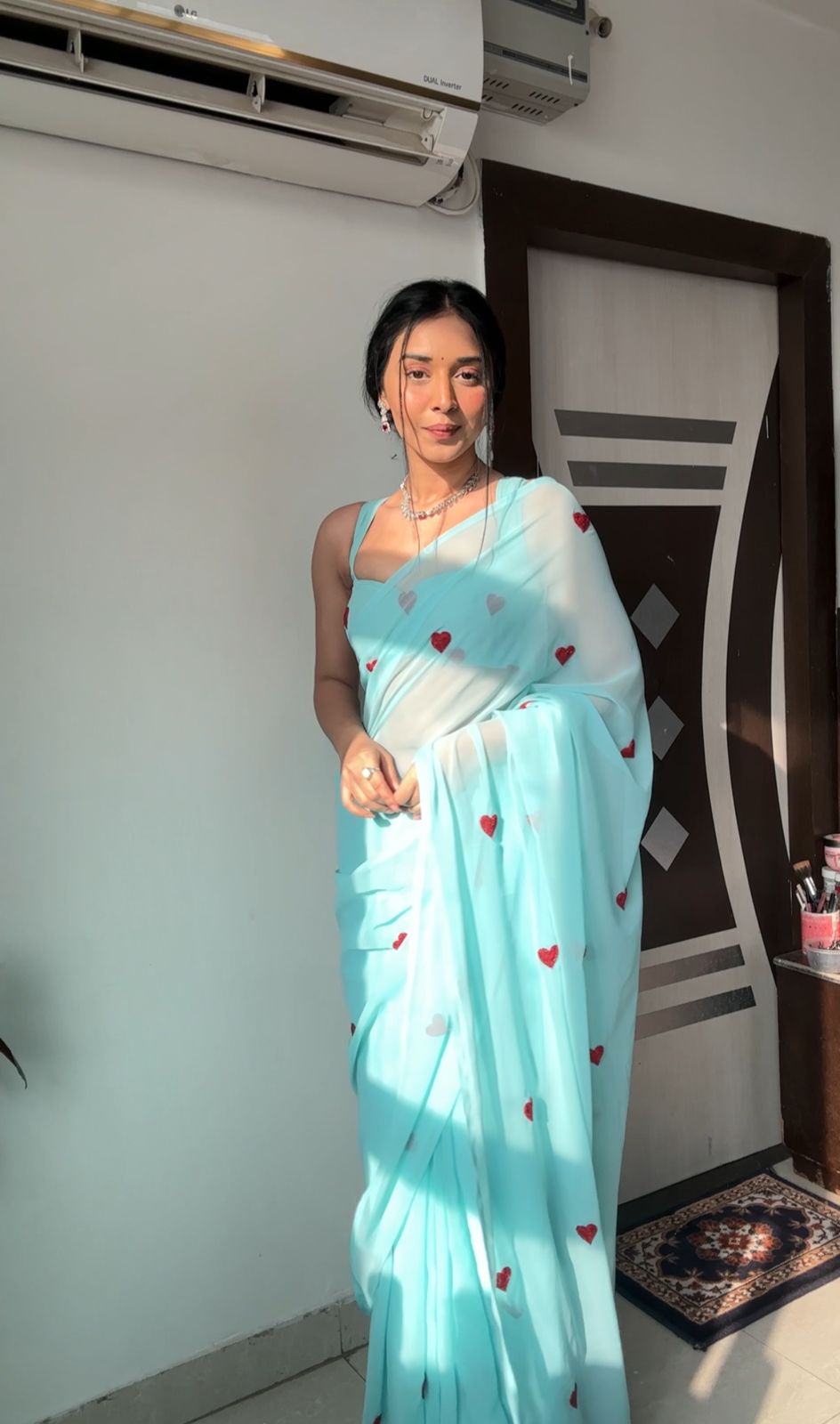 Delightful 1 Minute Ready To Wear Sky Georgette Chain Work Saree
