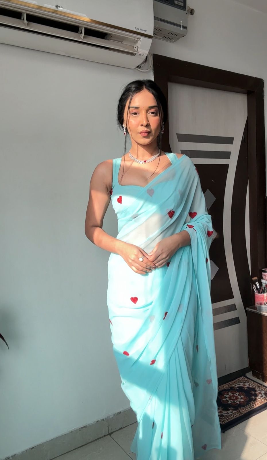 Delightful 1 Minute Ready To Wear Sky Georgette Chain Work Saree