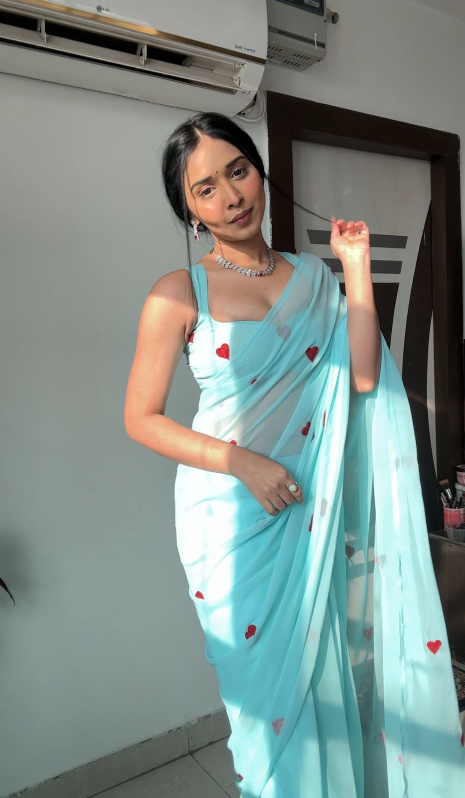 Delightful 1 Minute Ready To Wear Sky Georgette Chain Work Saree