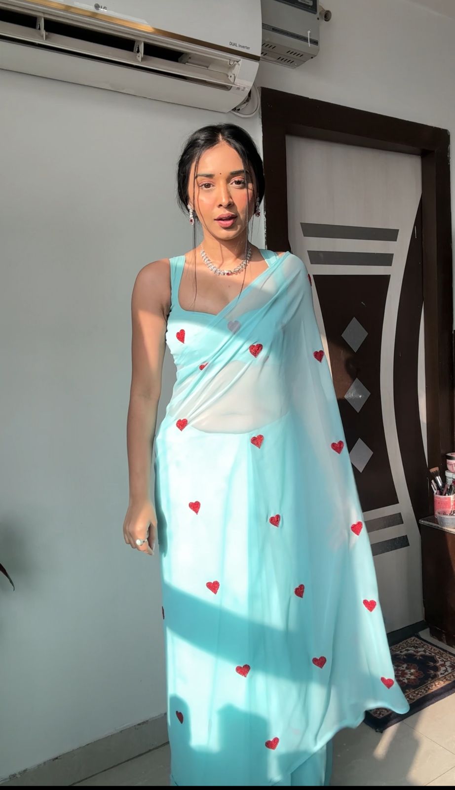 Delightful 1 Minute Ready To Wear Sky Georgette Chain Work Saree