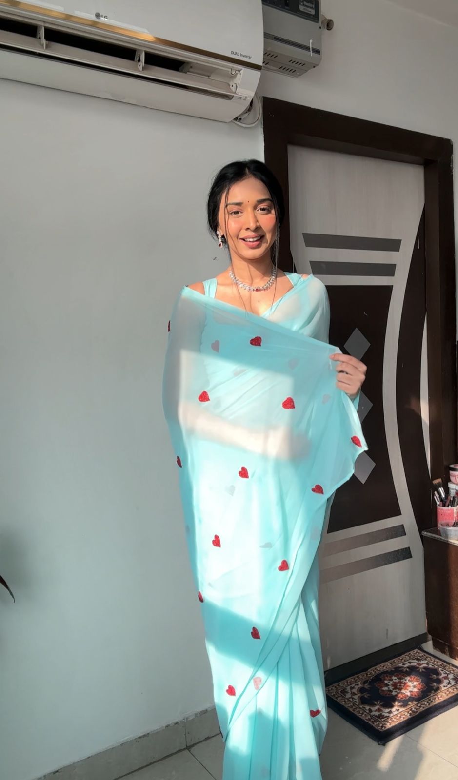 Delightful 1 Minute Ready To Wear Sky Georgette Chain Work Saree