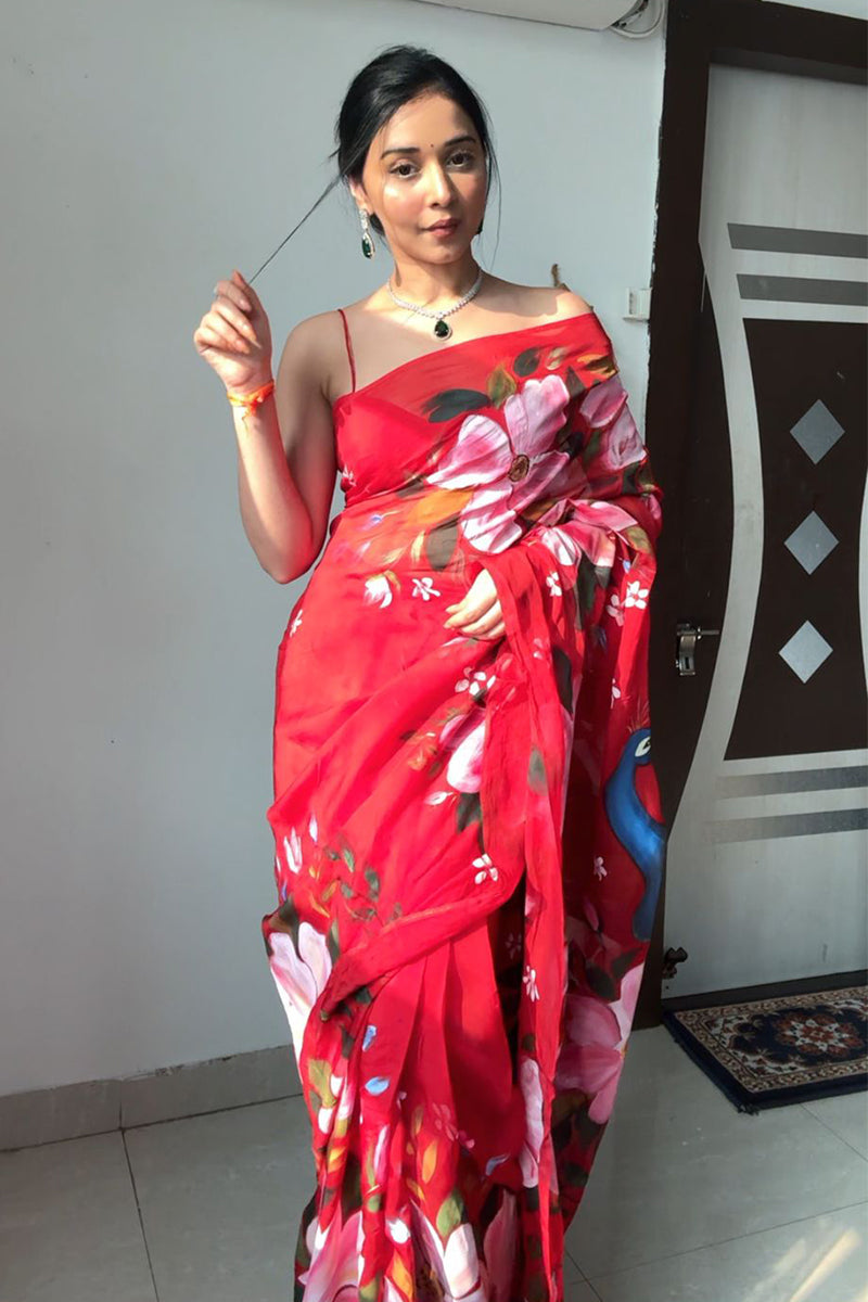 Impressive 1 Minute Ready To Wear Red Georgette Floral Digital Printed Saree