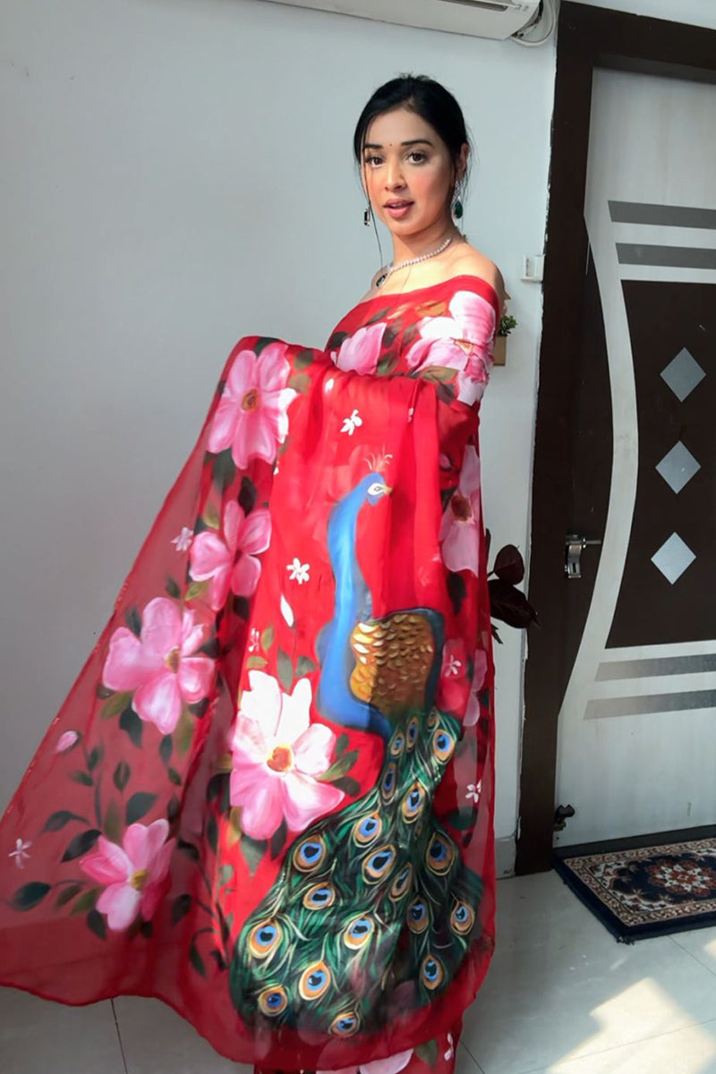 Impressive 1 Minute Ready To Wear Red Georgette Floral Digital Printed Saree