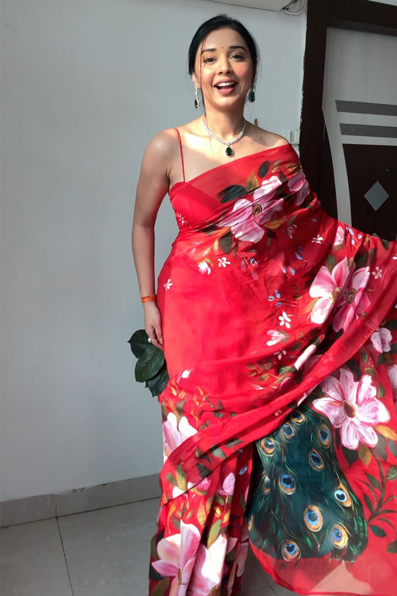 Impressive 1 Minute Ready To Wear Red Georgette Floral Digital Printed Saree