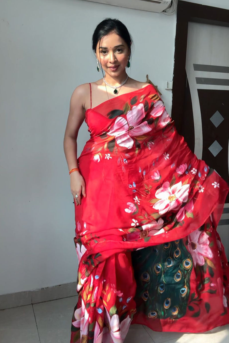 Impressive 1 Minute Ready To Wear Red Georgette Floral Digital Printed Saree