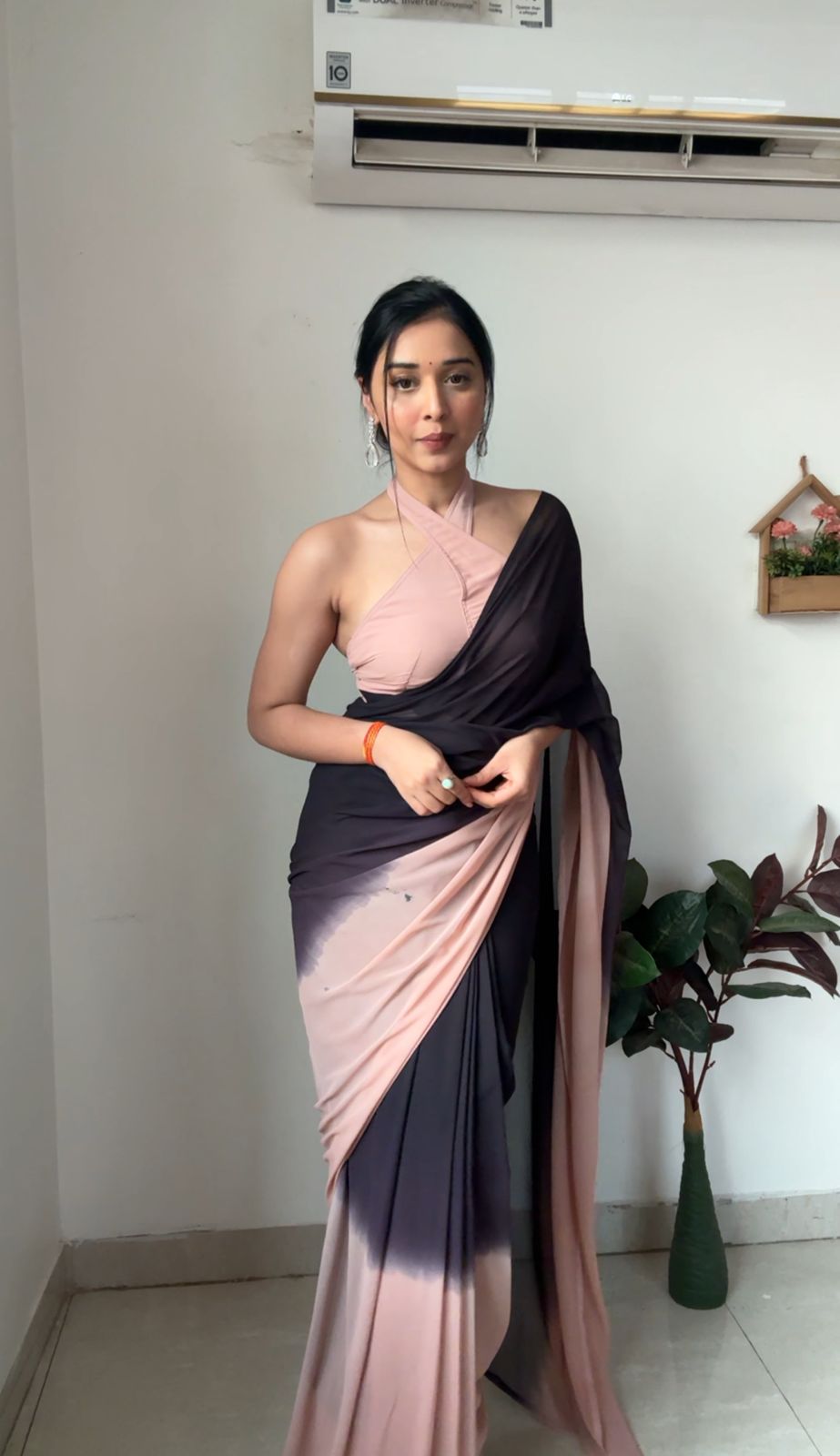Outstanding 1 Minute Ready To Wear Black And Peach Georgette Saree