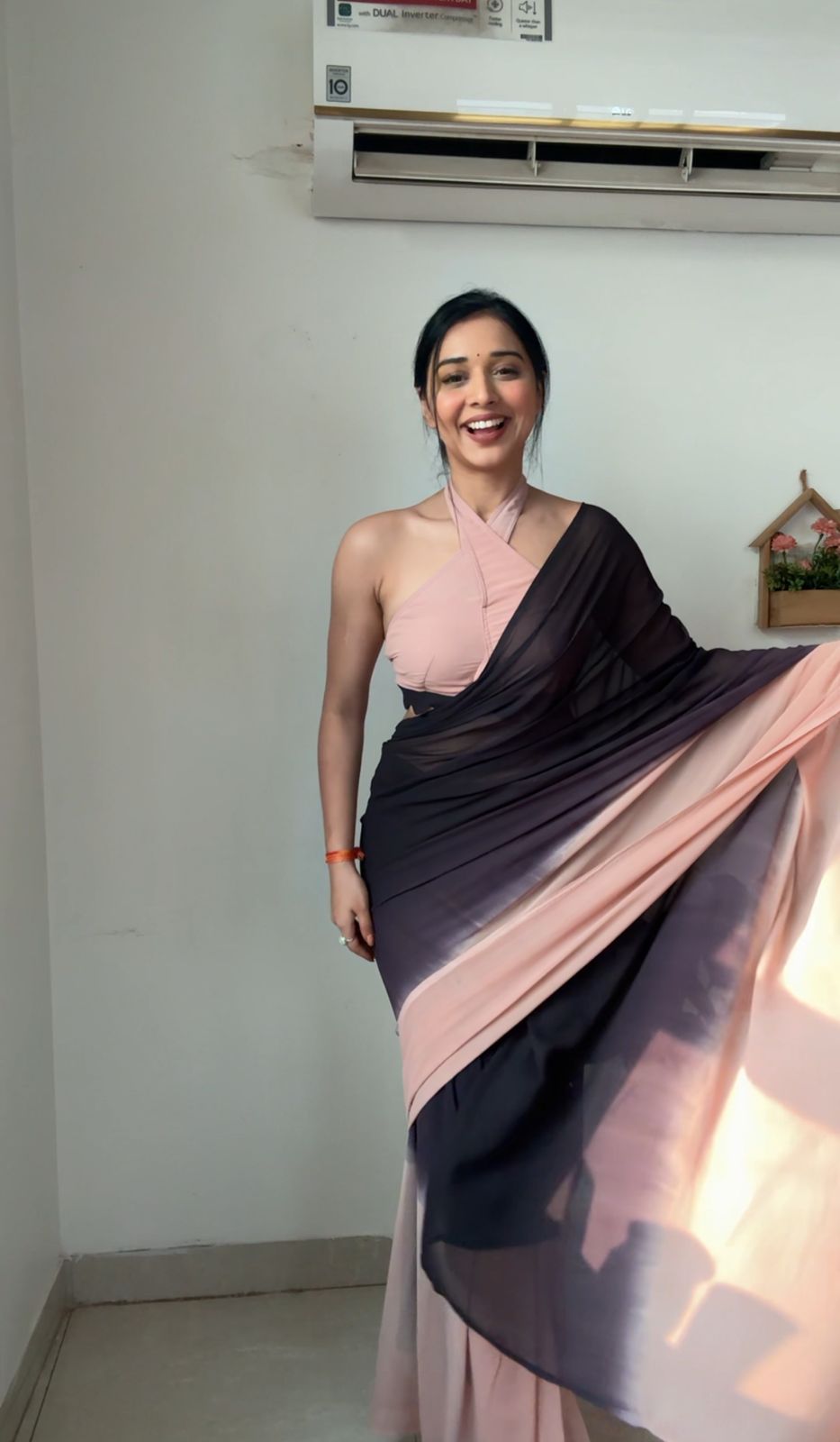 Outstanding 1 Minute Ready To Wear Black And Peach Georgette Saree