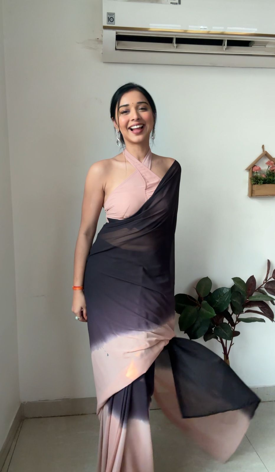Outstanding 1 Minute Ready To Wear Black And Peach Georgette Saree