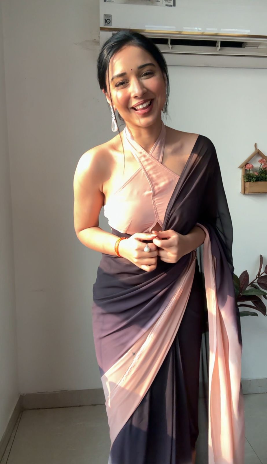 Outstanding 1 Minute Ready To Wear Black And Peach Georgette Saree