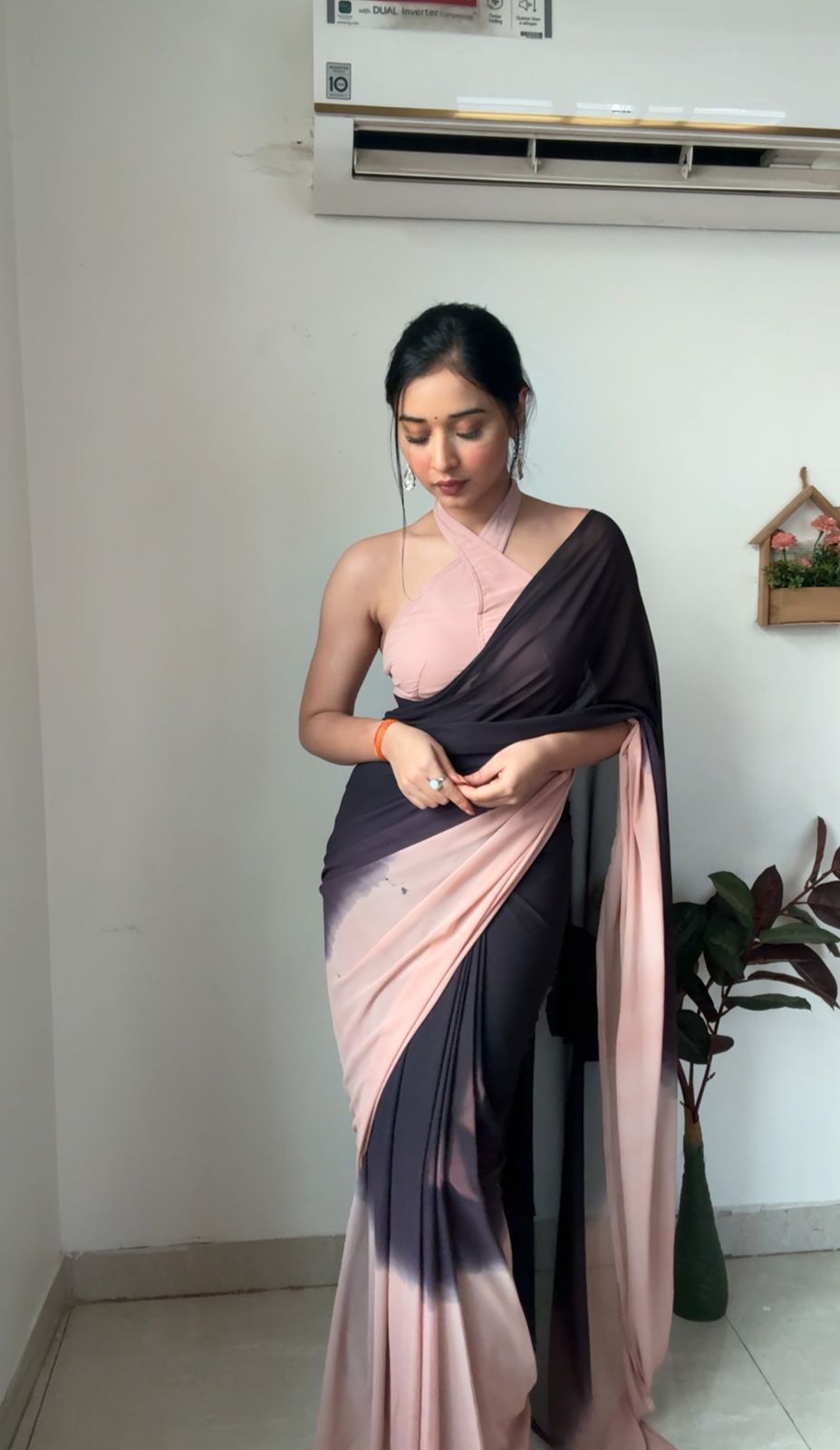 Outstanding 1 Minute Ready To Wear Black And Peach Georgette Saree