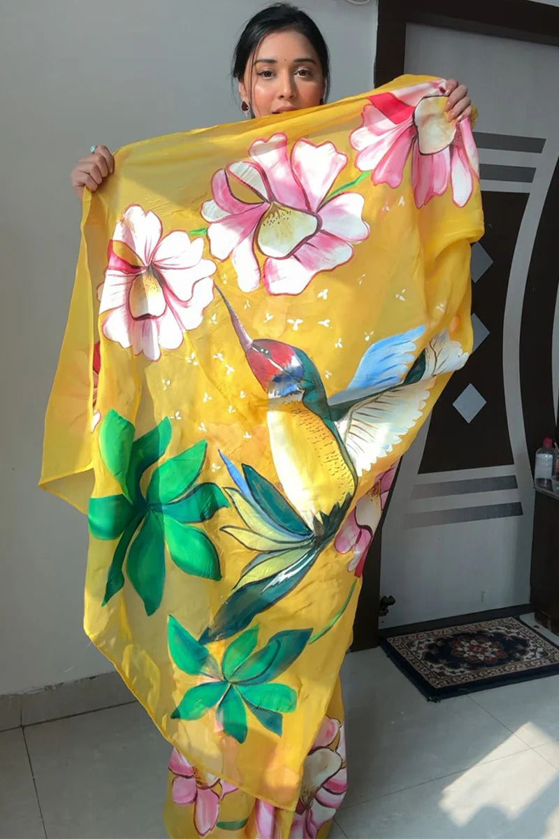 Lovely 1 Minute Ready To Wear Yellow Georgette Floral Digital Printed Saree