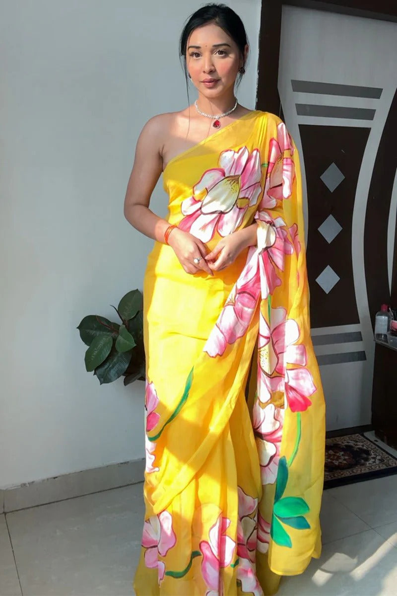 Lovely 1 Minute Ready To Wear Yellow Georgette Floral Digital Printed Saree