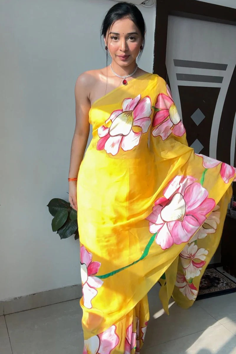 Lovely 1 Minute Ready To Wear Yellow Georgette Floral Digital Printed Saree