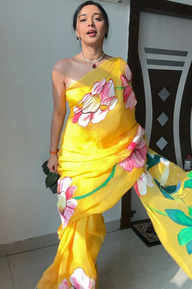 Lovely 1 Minute Ready To Wear Yellow Georgette Floral Digital Printed Saree