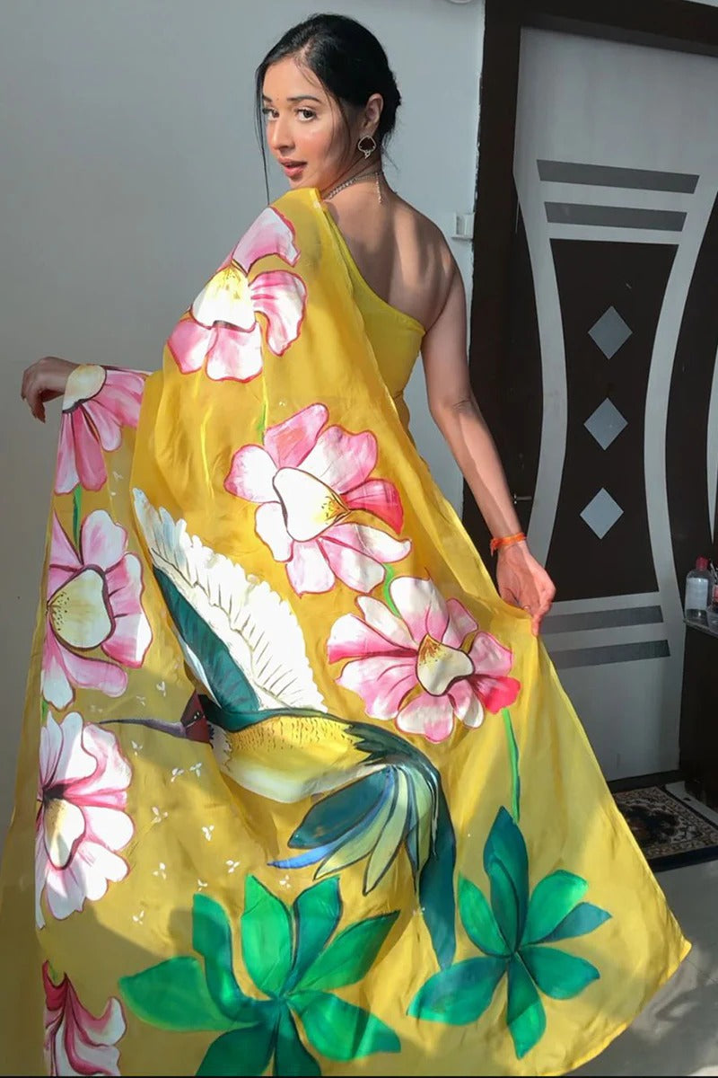 Lovely 1 Minute Ready To Wear Yellow Georgette Floral Digital Printed Saree