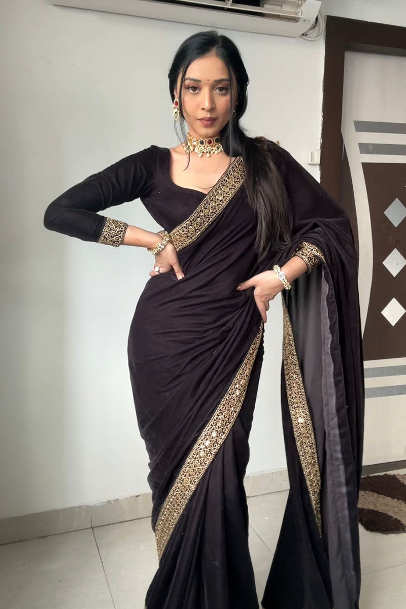 Demanding 1 Minute Ready To Wear Black Velvet Saree