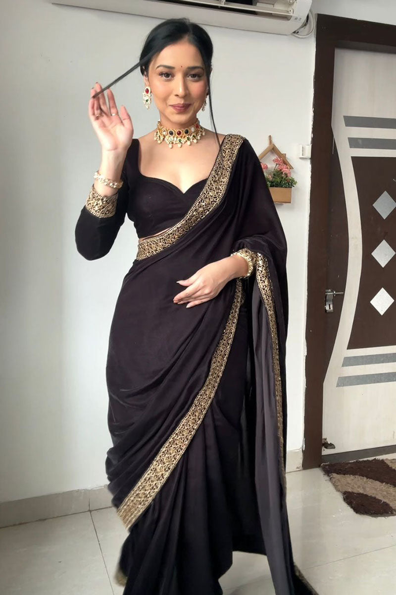 Demanding 1 Minute Ready To Wear Black Velvet Saree