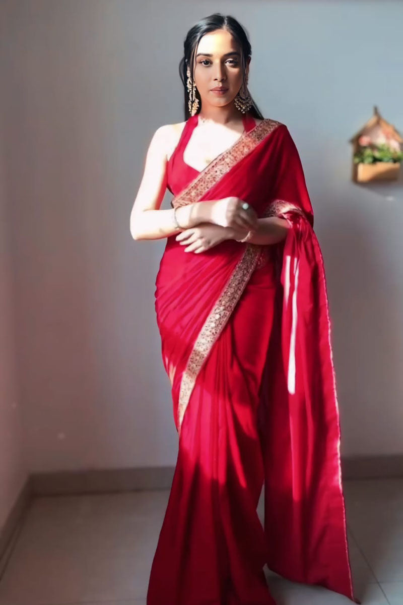 Glowing 1 Minute Ready To Wear Red Velvet Saree